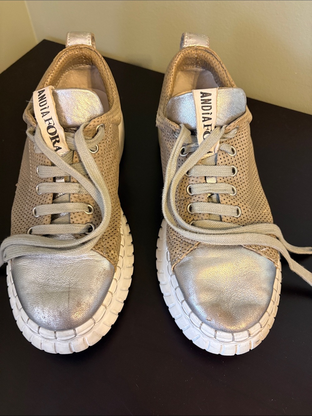 Andia Fora Women's Silver & Tan Perforated Sneakers Made in Italy